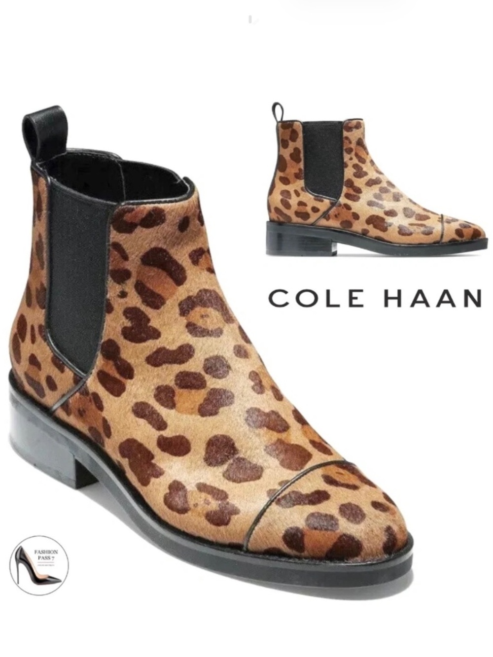 Cole Haan Mara Grand Leopard Print Calf Hair Chelsea Booties Boho Ankle Boots 7